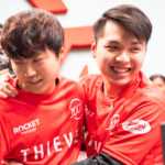 Ryoma and Ssumday celebrate after 100 Thieves LCS win.