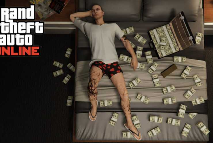 GTA Online character laying down with money