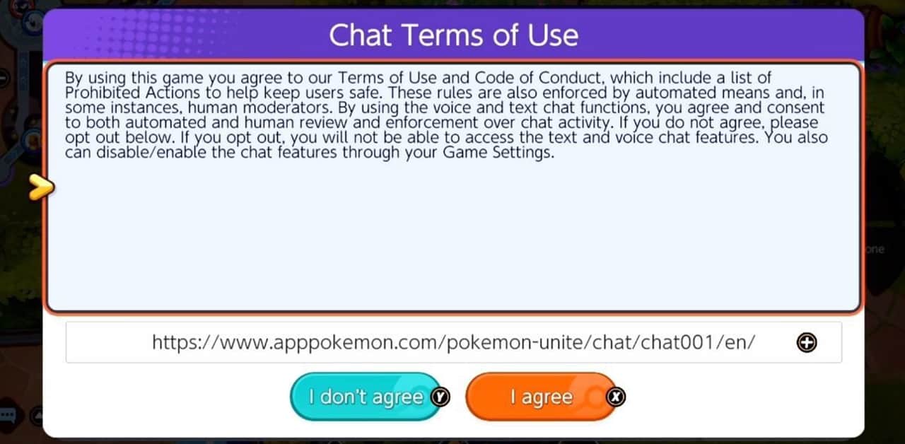 Impostazioni della chat vocale di Pokemon Unite Termini di servizio