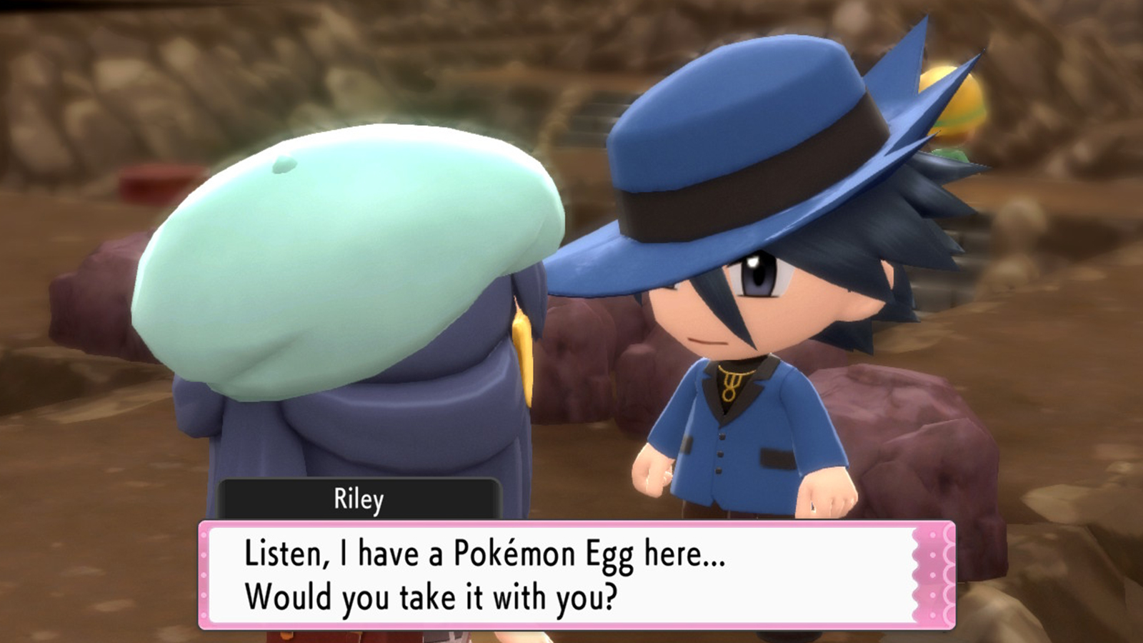Pokemon Diamante brillante e Perla splendente screenshot di Riley che dà l'uovo a Riolu