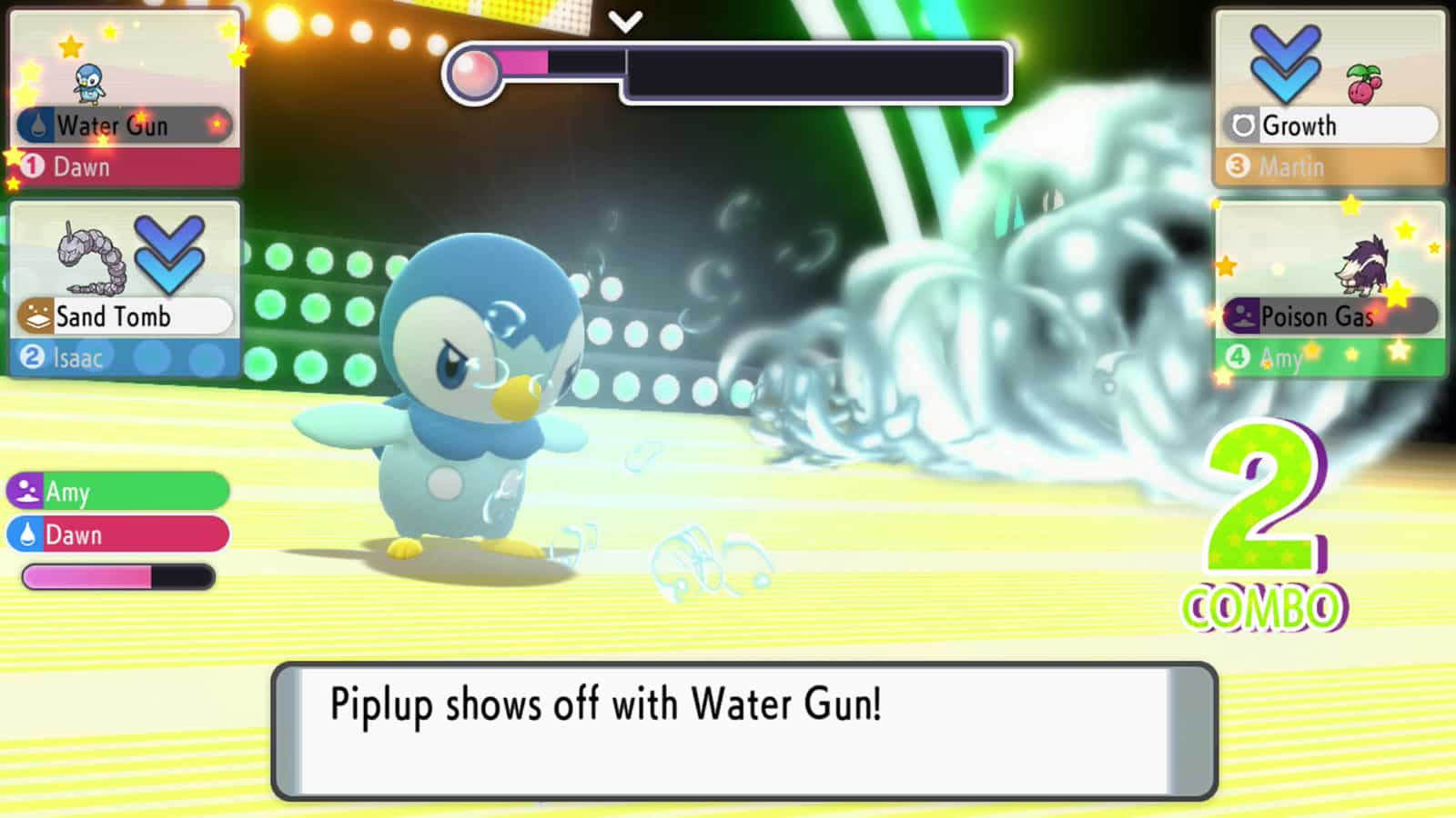 Piplup usa una mossa gara in una super gara in Pokemon Diamante brillante e Perla lucente