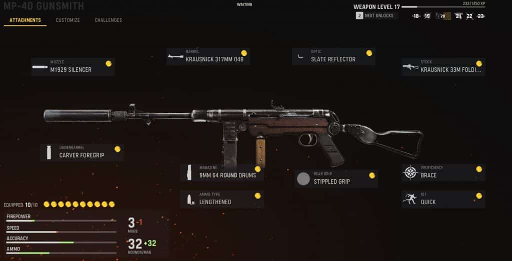 MP40 nella schermata di equipaggiamento delle armi dell'Avanguardia