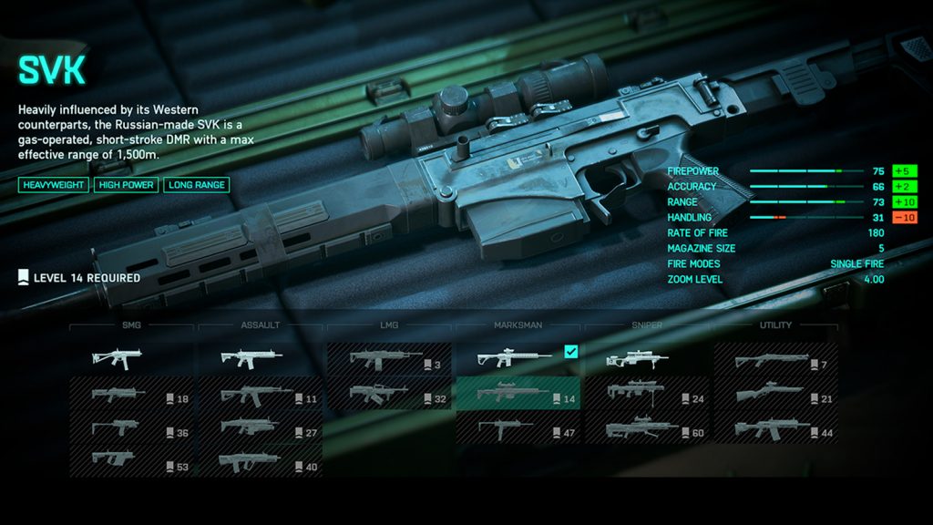 Uno screenshot dell'SVK di Battlefield 2042.