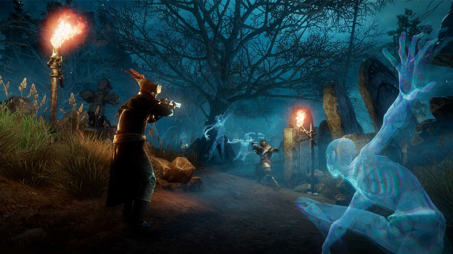Un'immagine di giocatori del Nuovo Mondo che sparano moschetti in un cimitero.