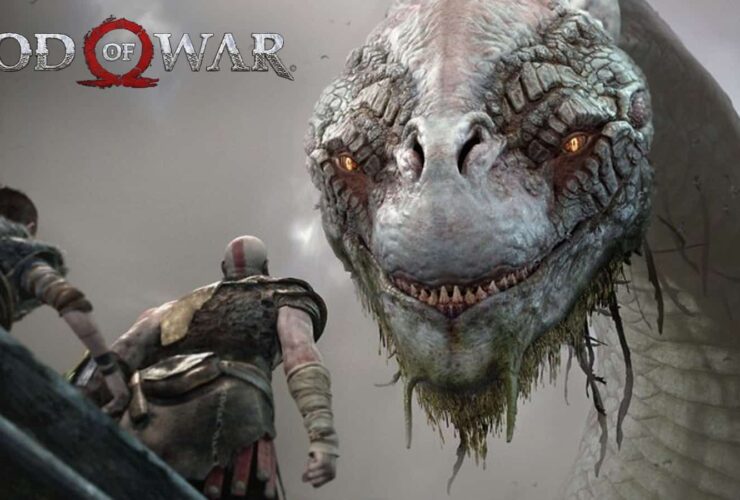 god of war kratos and son look at world serpent