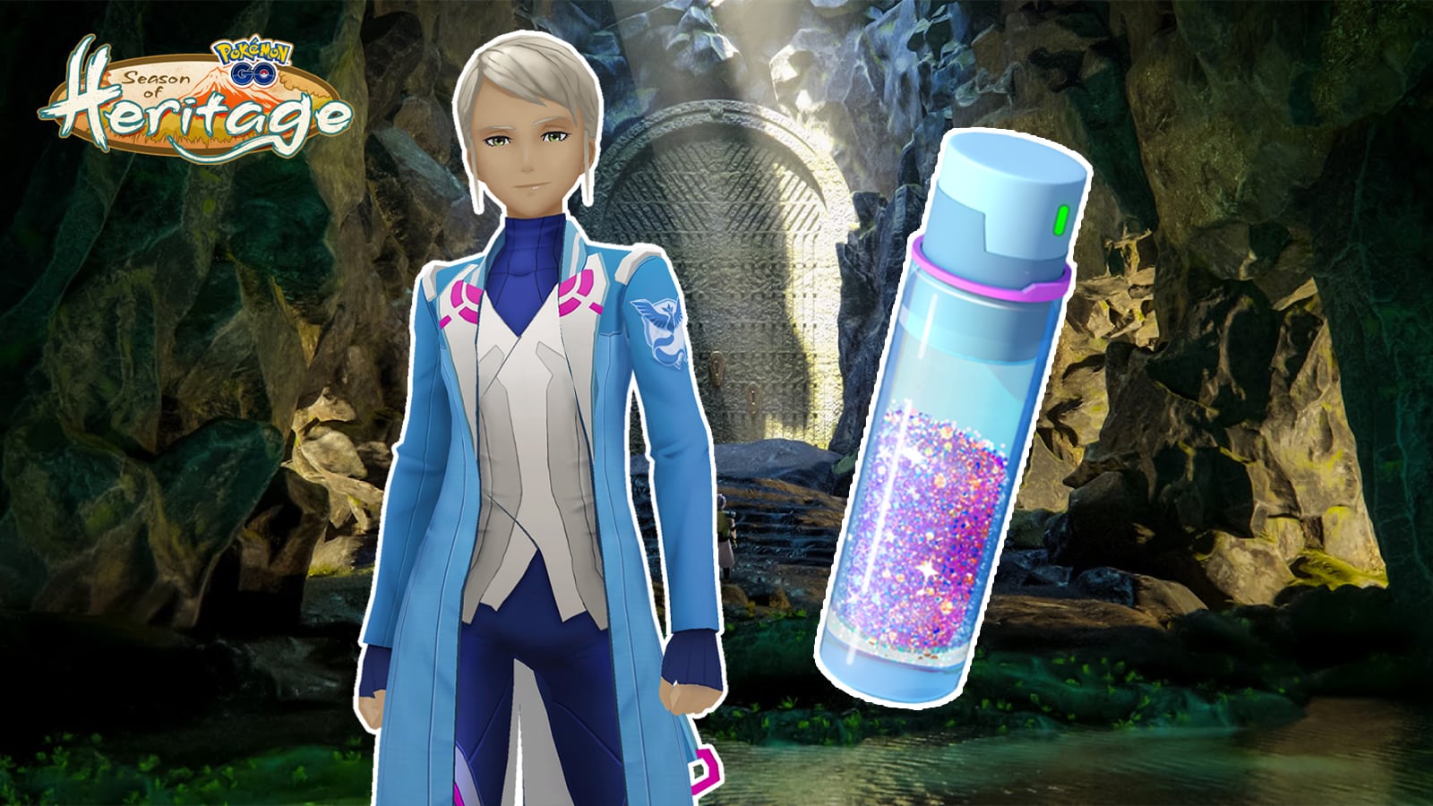 Blanche standing in front of a cave for the Pokemon Go Stardust Challenge rewards