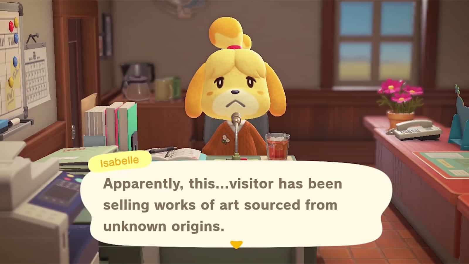 Isabelle parla della falsa arte di Jolly Redd in Animal Crossing New Horizons