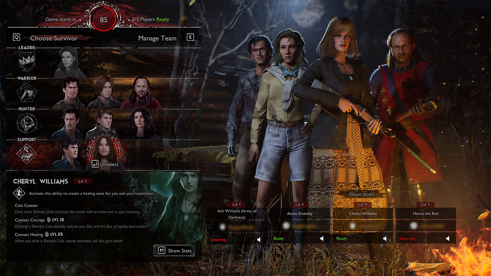 Schermata di selezione del sopravvissuto in Evil Dead: The Game