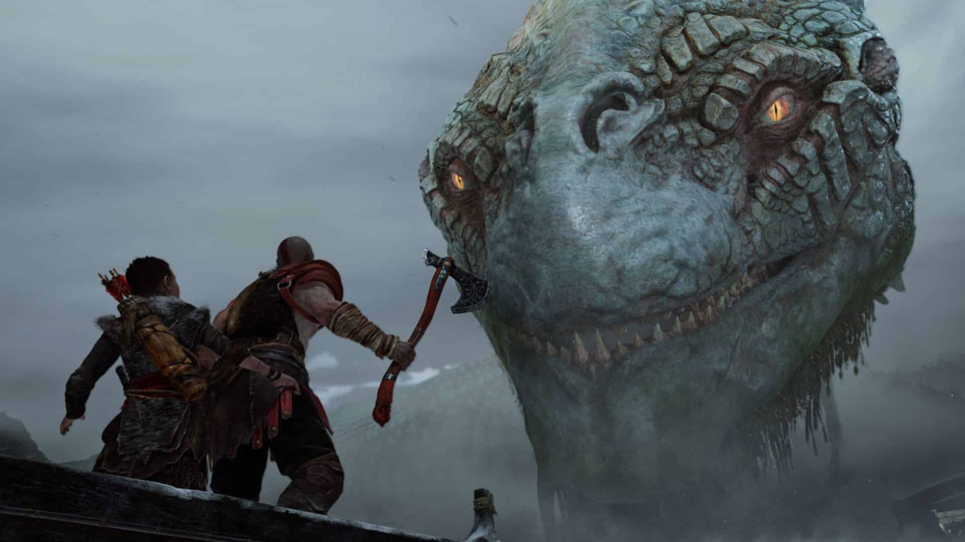 kratos e atreus parlano con Jörmungandr