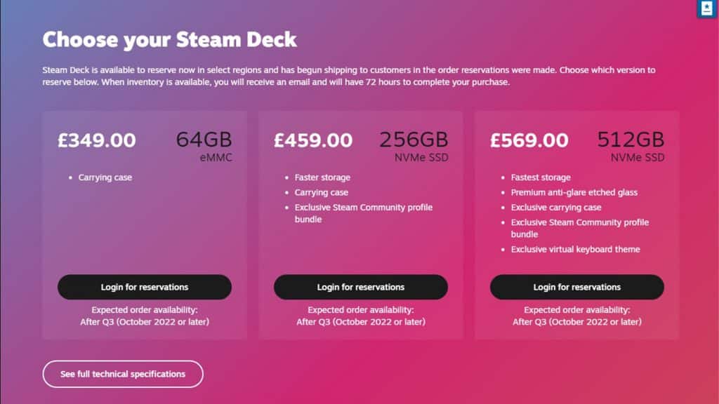 un'immagine dei prezzi di Steam Deck nel Regno Unito