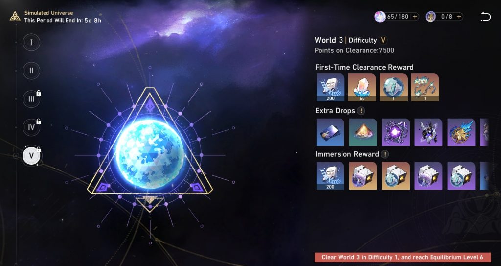 Uno screenshot delle ricompense di Simulated Universe World 3, Difficoltà V